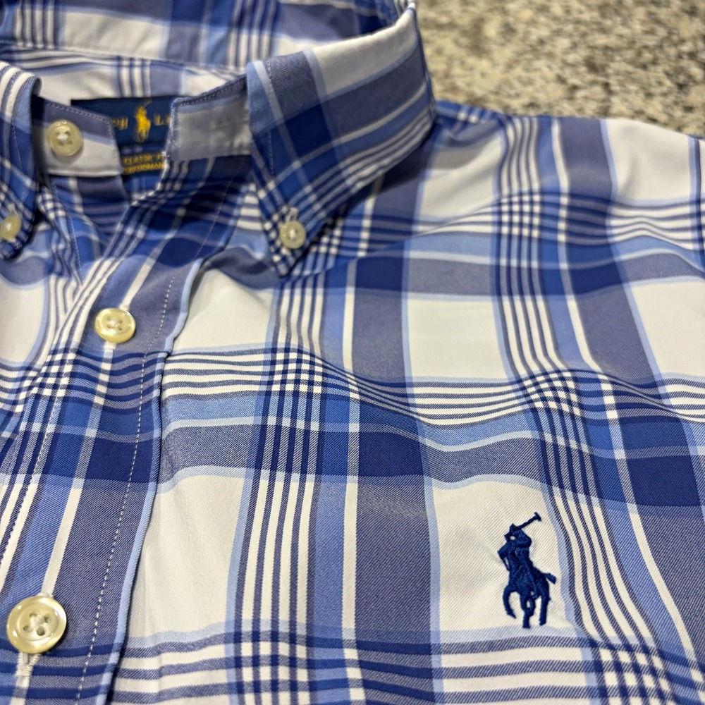 Polo Ralph Lauren Mens Medium Plaid Button Down Shirt Blue White Long Sleeve
